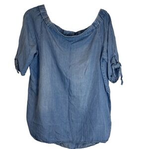 Chambray Off Shoulder Top Blue Tie Sleeve Blouse Medium Velvet Heart